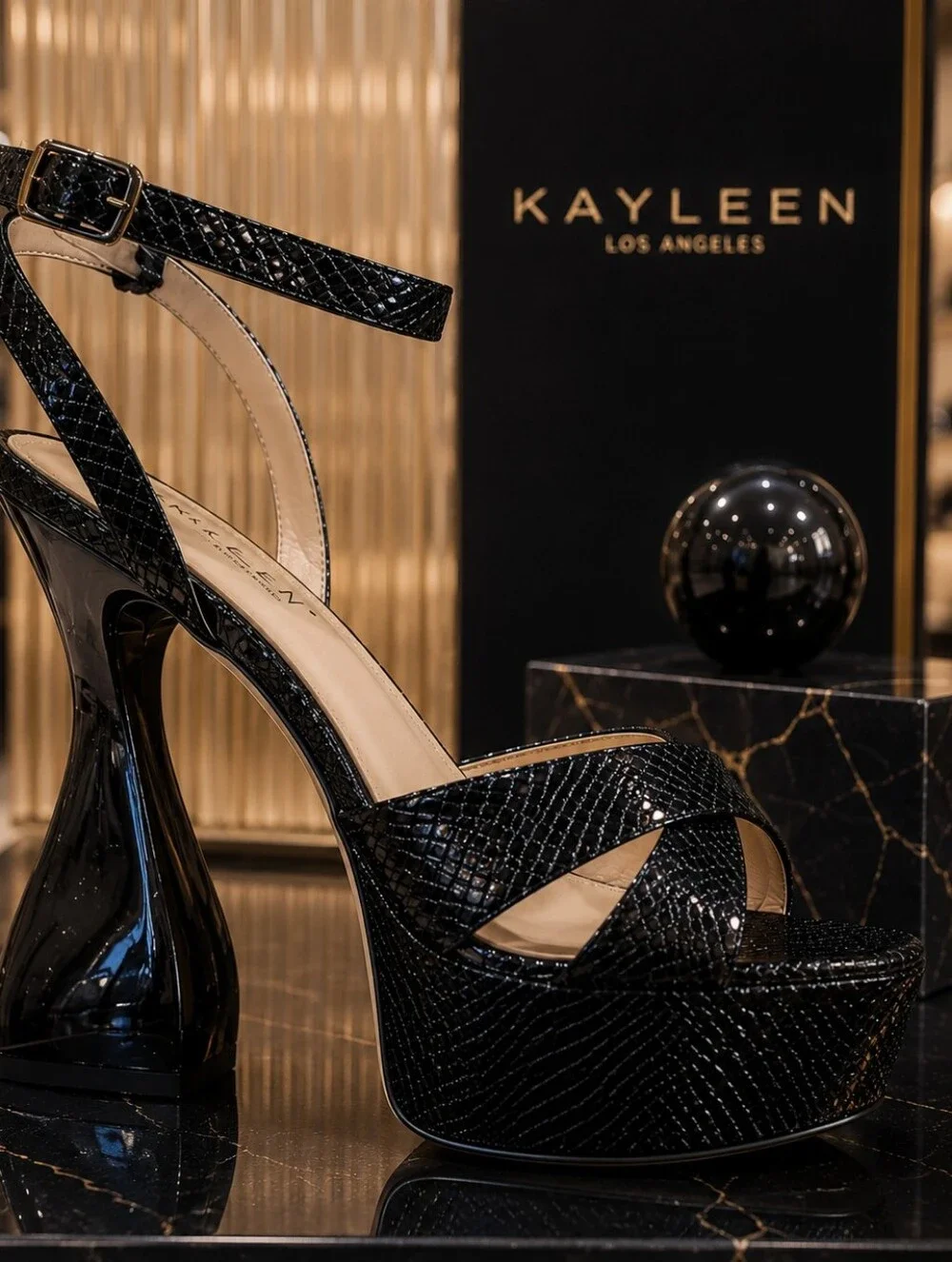Black Textured Platform Sandals with Sculpted Heel